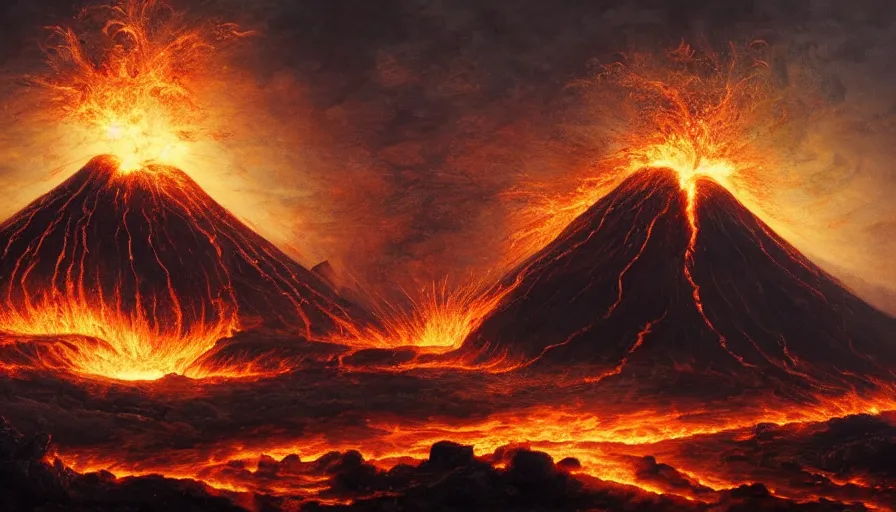 Prompt: baroque painting of humongous volcano exploding, lava everywhere, burning kingdoms, hyperdetailed, artstation, cgsociety, 8 k