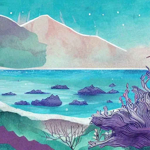 Image similar to a realm between the mountains and the sea, illustration, digital art by laura price