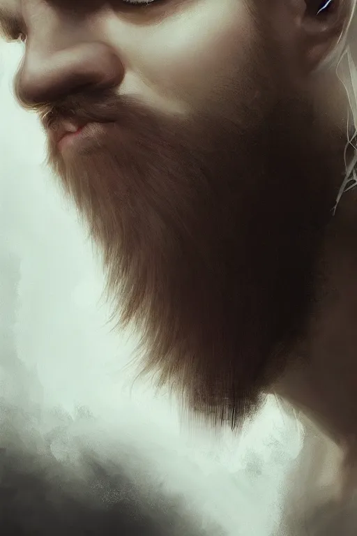 Image similar to blonde wild hair beard man, black eye - patch, close - up portrait, plain white tshirt, powerfull, intricate, elegant, volumetric lighting, scenery, digital painting, highly detailed, artstation, sharp focus, illustration, concept art, ruan jia, steve mccurry