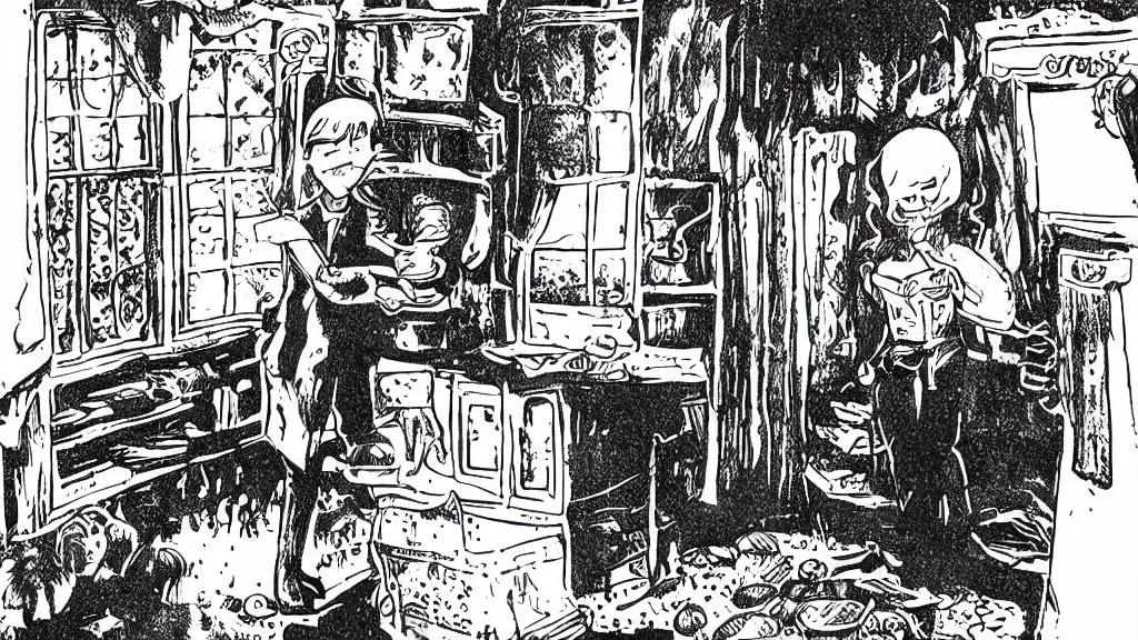 Prompt: storybook illustration extreme inky hygienic