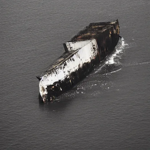 Prompt: airborne view, crashed cargo ship leaking mysterious black gooey liquid, mysterious black slime, black gooey liquid leaking out of crashed cargo ship, apocalyptic, ruined, container ship, crashed, 8 5 mm f / 1. 4