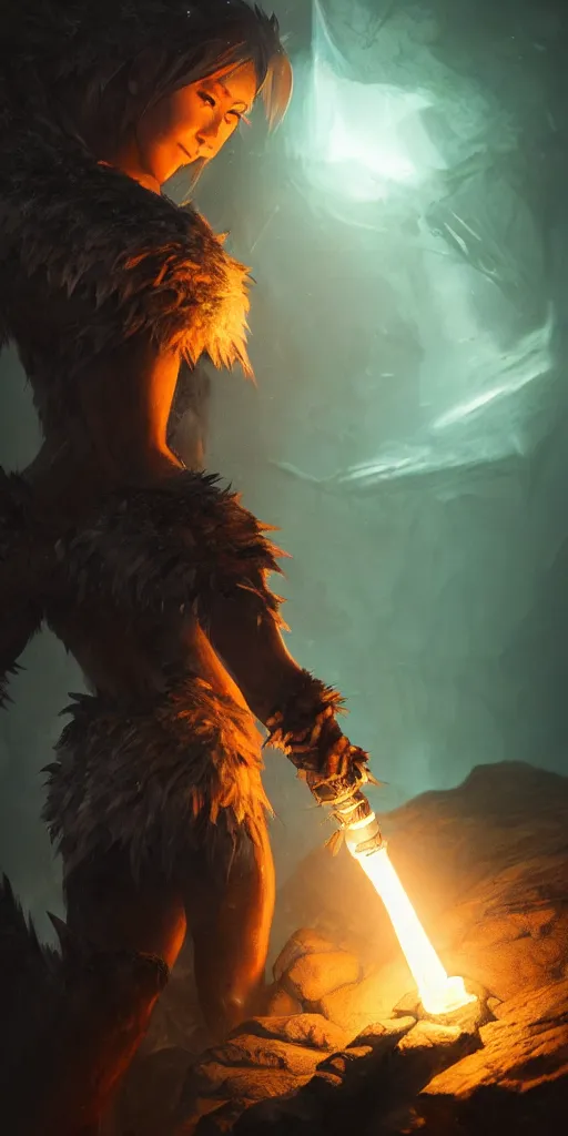 Image similar to a epic hero adventurer holding a torch in a dark cave, fantsy, concept art, artgerm, monster hunter world, 8 k realistic, radiant light, frostbite 3 engine, dof, cryengine, digital art, detailed background