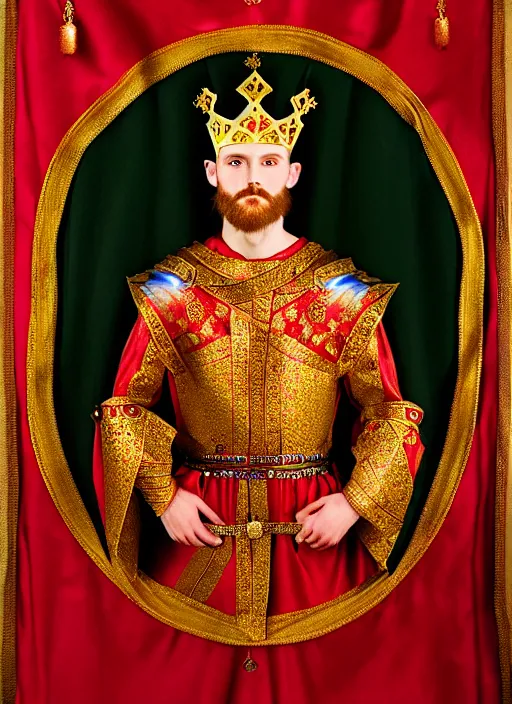 Image similar to 'Portrait of Crowned King Arthur' royally decorated, whirling plasma, atmospheric motes, red and gold Sumptuous garb, gilt silk fabric, radiant colors, fantasy, perfect lighting, studio lit, micro details,