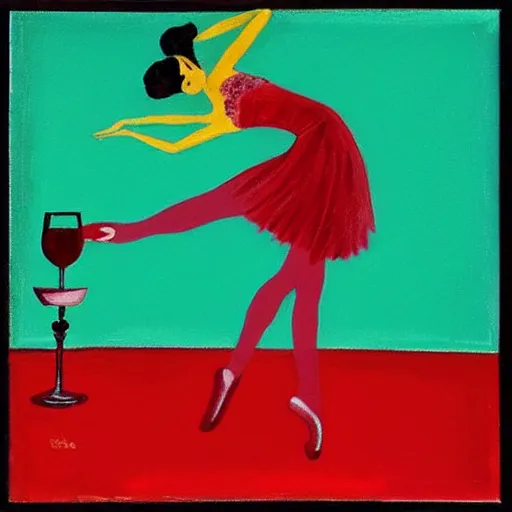 Image similar to square painting of a ballerina drinking wine in a teal room all on a red background