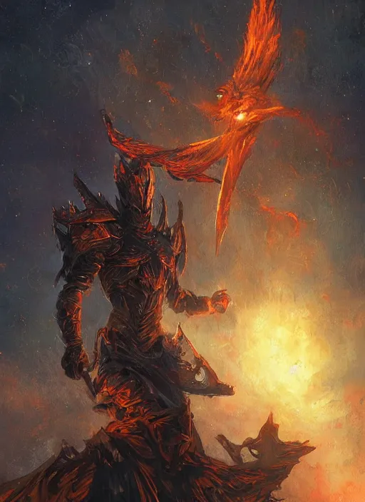 Prompt: a flame knight posing in front of the night sky, intricate, highly detailed, artstation, concept art, perfect composition, dynamic lighting, volumetric lighting, illustration, sharp focus, art by ralph horsley and greg rutkowski