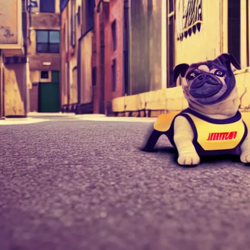 Image similar to isometric digital art, ultra realistic, puppy with a jetpack in a city alleyway, cinematic