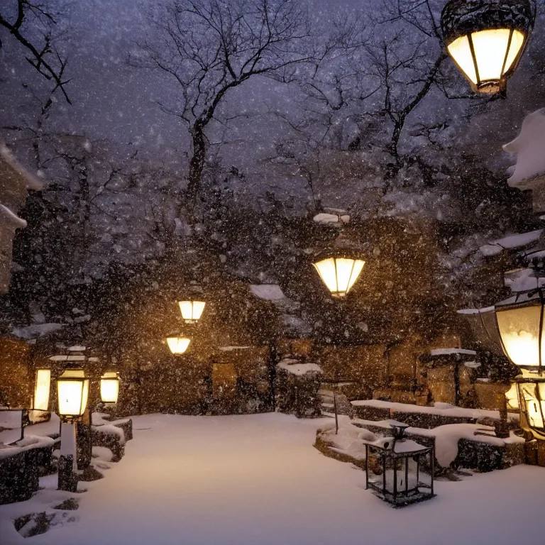 Image similar to a snowy japanese courtyard at night illuminated by globe lamps