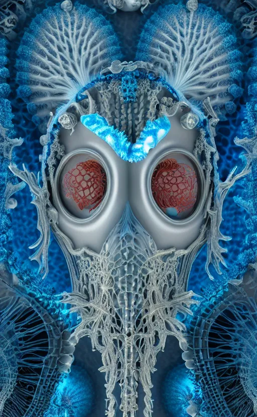 Image similar to intricate gothic baroque porcelain blue mask, eagle coral, jelly fish, feathers, mandelbulb 3 d, fractal flame, octane render, cyborg, biomechanical, futuristic, by ernst haeckel