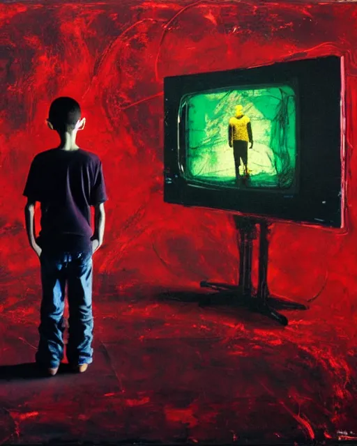 Prompt: an 8 years old enlightened and scared boy standing in front of an old computer from 90s with a game doom2 at the monitor screen painted by Adrian Ghenie and Willem de Kooning and Cy Twombly, still from a movie by Gaspar Noe and James Cameron. expressive acrylic flowing smudged painting