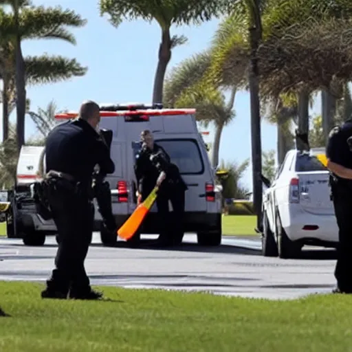 Prompt: mar-a-lago, multiple fbi agents carrying boxes, police tape, police suburbans