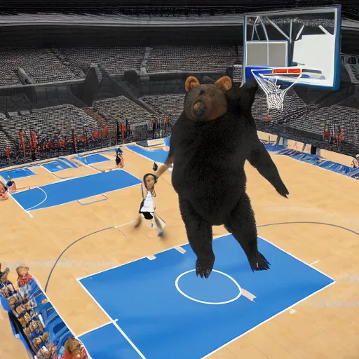 Prompt: bear dunking basketball in full stadium, highly detailed, realistic, 4 k uhd image