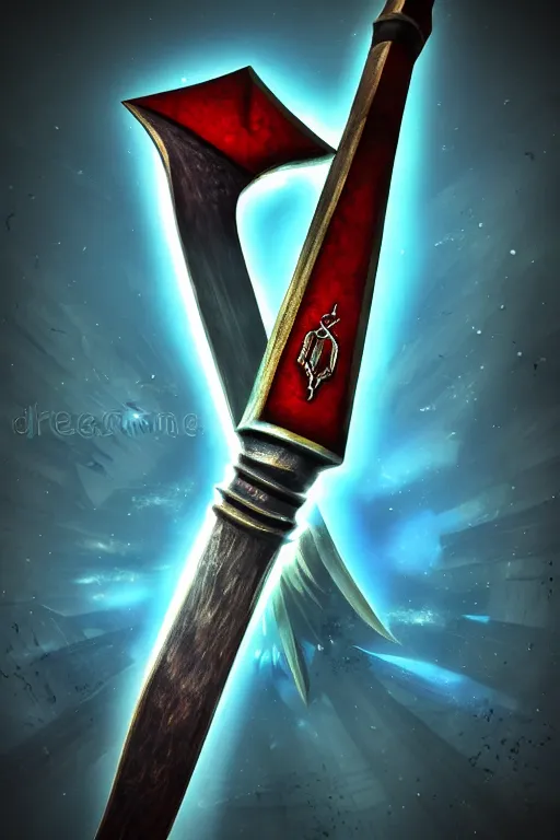 Image similar to game - icon of medieval sword and axe crossed on a prism, red powerful fantasy epic legends, game icon stylized, digital illustration radiating, a glowing aura, global illumination, ray tracing, 8 k high definition, intricate details, octane render, unreal engine, trending on arstation