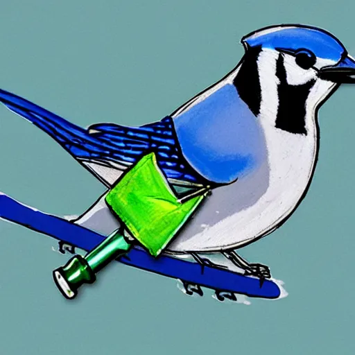 Image similar to bluejay next to a bottle of mountain dew