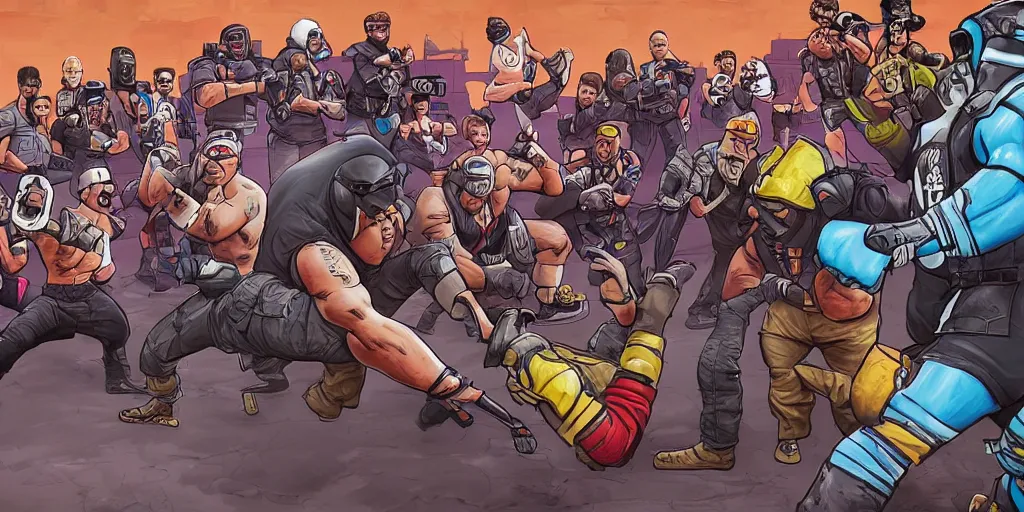 Image similar to Keystone cops fighting professional wrestlers. Fortnite. Epic painting by James Gurney and Laurie Greasley.