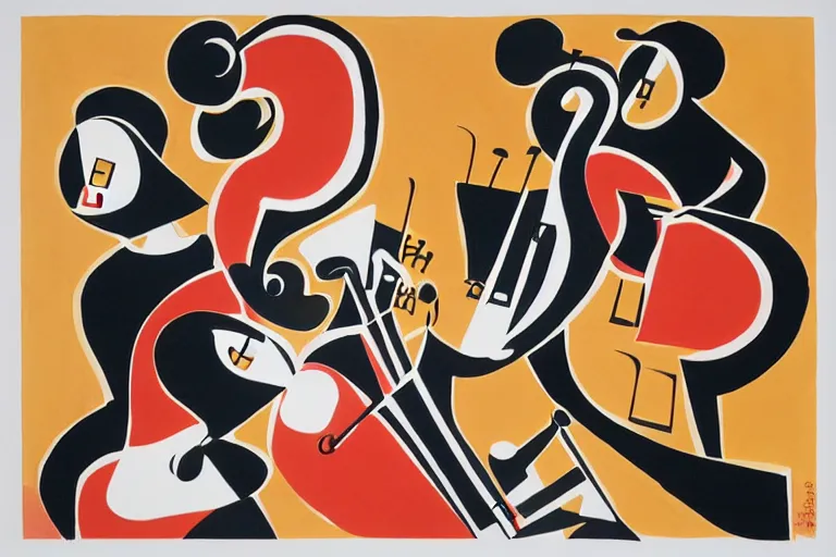 Prompt: 3 jazz musicians, head and shoulders playing with musical notes as abstract art in the style of Stuart Davis