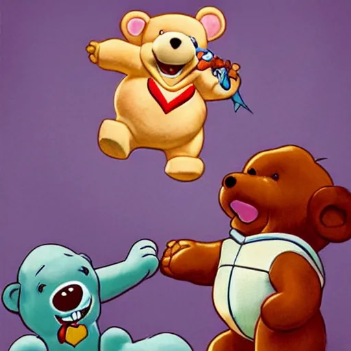 Prompt: teddy ruxpin assassinating a care bear, Leyendecker style