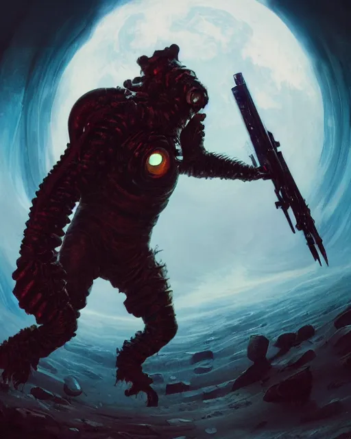 Image similar to oil painting of Lovecraftian sci-fi demon, wearing space suit, sharp focus, holding sci-fi rifle, magical aura, heroic pose, fantasy style, octane render, volumetric lighting, 8k high definition, by greg rutkowski, highly detailed, trending on art Station, magic the gathering artwork, Spaceship hallway background, centered, horror, sci-fi artwork, demonic