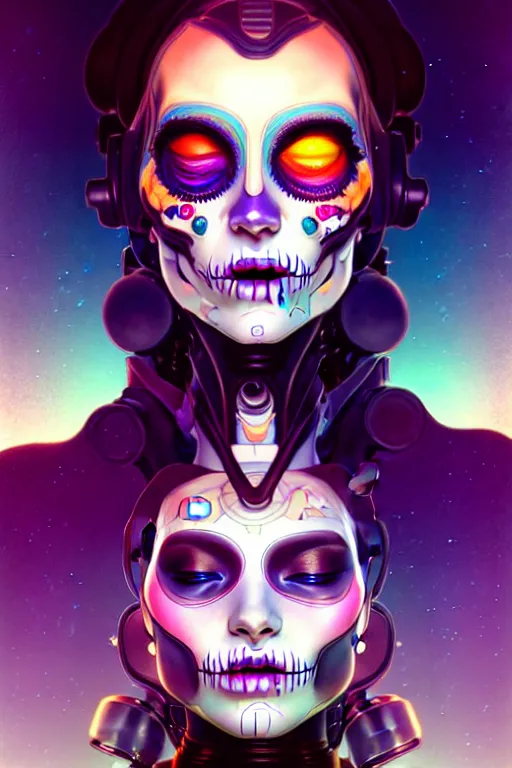 Prompt: ultra detailed, portrait of a female android, eyes closed, sci - fi, triadic color scheme, moody, calm, ( dia de los muertos ), asymmetrical, intricate concept art, art by artgerm and godmachine and michael welan andalphonse mucha and loish and wlop