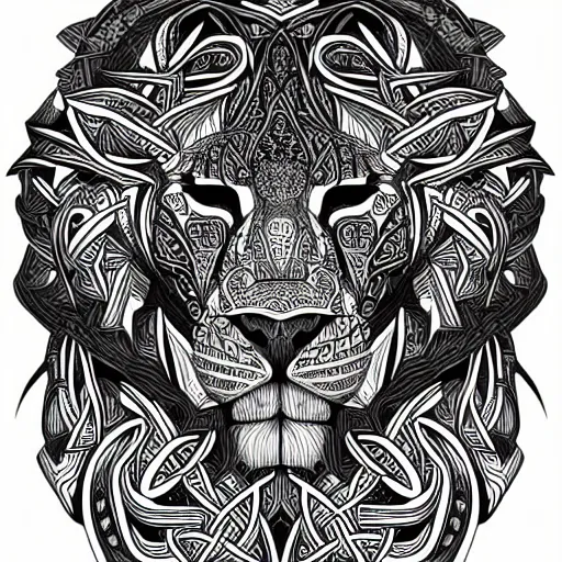 Image similar to an intricate lion designed by mc escher, line art, celtic, illustration