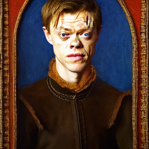 Image similar to portrait of the son of chris hemsworth willem dafoe steve buscemi, dane dehaan, oil painting by jan van eyck, northern renaissance art, oil on canvas, wet - on - wet technique, realistic, expressive emotions, intricate textures, illusionistic detail