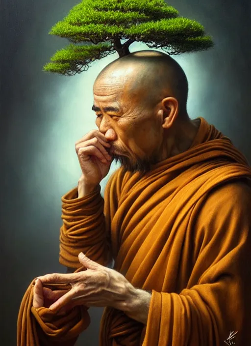 Image similar to monk with a bonsai growing out of his open head, intricate, rim light, extremly detailed oil painting, by tomasz alen kopera, james jean and fenghua zhong, highly detailed, art, cinematic lighting, very coherent, hyper realism, high detail, 8 k