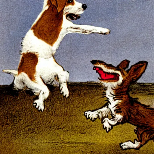 Prompt: portrait of a happy smiling jack russel terrier jumping, closeup, illustrated by peggy fortnum and beatrix potter and sir john tenniel