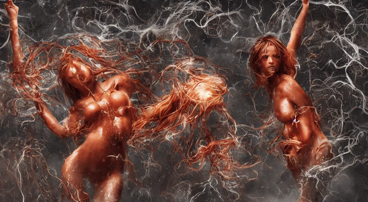 Image similar to 3 0 perfect woman bodies flying inside spaghetti bolognesa with meatballs and hundred rusted perfect woman bodies flying in stormy clouds by, fantasy art, photo realistic, dynamic lighting, artstation, poster, volumetric lighting, very detailed faces, 4 k, award winning, hyper - realism