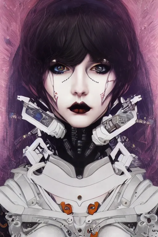 Image similar to portrait of beautiful young gothic cyborg anime maiden. Anime, cyberpunk, Warhammer, highly detailed, artstation, illustration, art Gustav Klimt. Face by Ilya Kuvshinov, cute-fine-face, pretty face, realistic shaded Perfect face, fine details