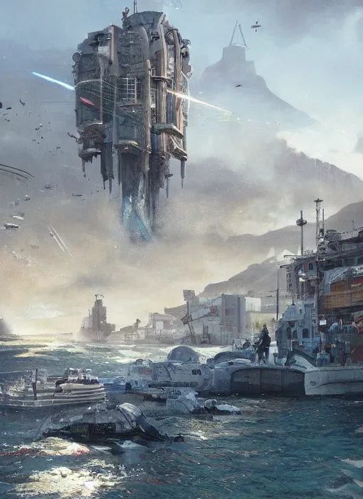 Image similar to hyper realistic robot attacking cape town city harbor beautiful details, strong composition, poster painted by greg rutkowski, james gurney and greg rutkowski weta studio, and lucasfilm and best of artstation