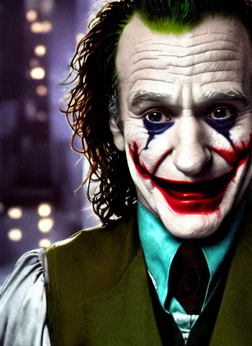 Prompt: film still of Robin Williams as The Joker in The Dark Knight, 4k