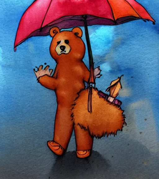 Image similar to autumn a bear with an umbrella cartoon watercolor trending on artstation