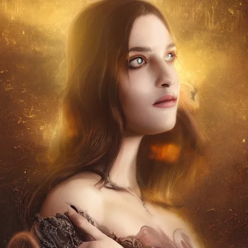 Image similar to majestic gracious regal aristocratic brunette female vampire portrait, atmospheric lighting, painted, menacingly bearing fangs, intricate, volumetric lighting, beautiful, rich deep colours masterpiece, golden hour, sharp focus, ultra detailed, by leesha hannigan, ross tran, thierry doizon, kai carpenter, ignacio fernandez rios