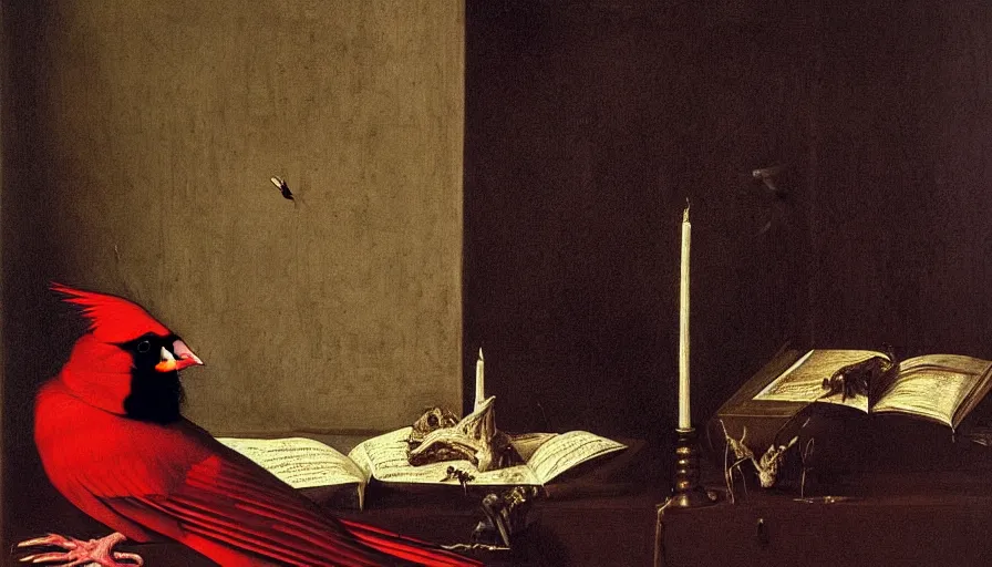 Prompt: the rotting cardinal sitting on a throne in the library, night, death, fear, horror, religion, hyperrealism, detailed and intricate environment, by caravaggio, by gigger