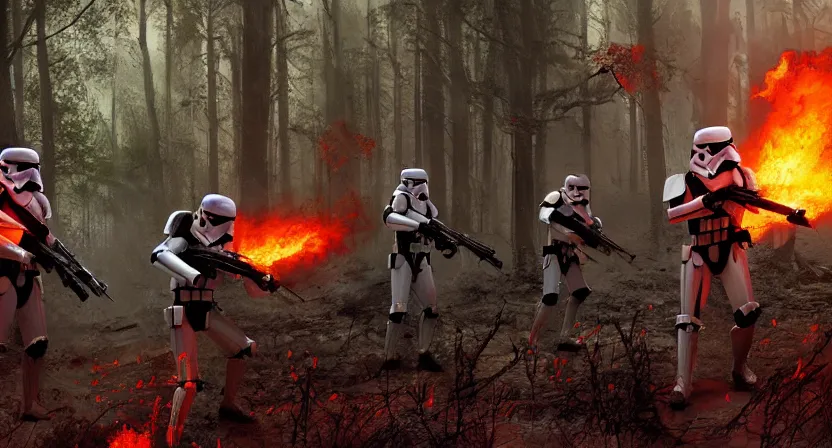 Image similar to imperial stormtroopers shooting red blaster bolts in a burned lifeless forest with burned trees and plants concept art by Doug Chiang cinematic, realistic painting, high definition, digital art, symmetrical, very detailed, extremely high detail, photo realistic, concept art, unreal engine 5, the Mandalorian concept art style