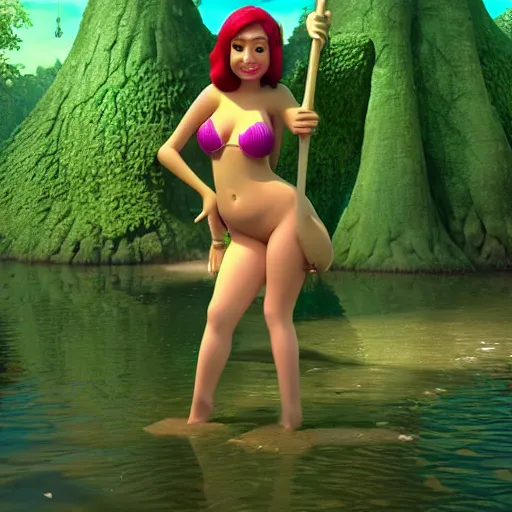Image similar to Shrek wearing a bikini in his swamp, seductive, HD ultra realistic, trending on artstation