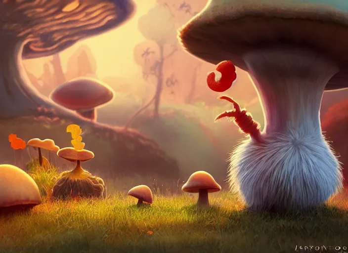 Image similar to a cute dr seuss creature sitting next to a mushroom, golden hour, fantasy, sharp focus, digital art, hyper realistic, 4 k, unreal engine, highly detailed, hd, dramatic lighting by brom, trending on artstation