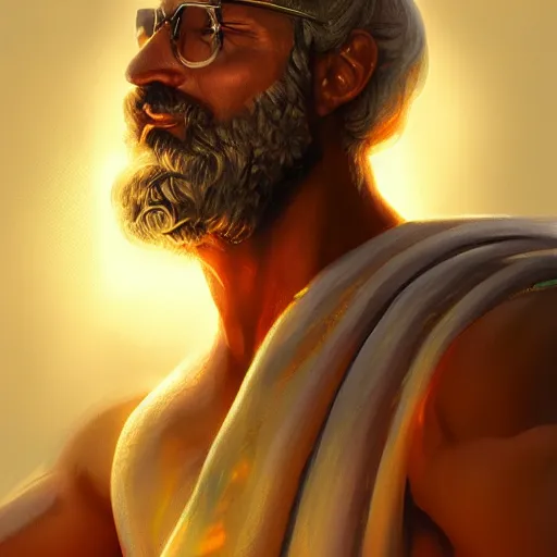 Image similar to portrait of Zeus, backlighting, golden hour, contrast, detailed, focus, digital painting, concept art, illustration, 4k, artstation, art Steven Stahlberg and Goya