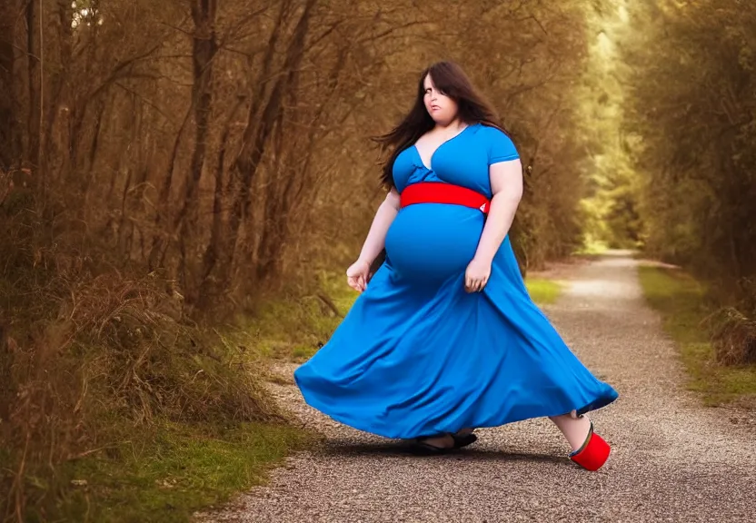 Prompt: An obese woman with long wavy brunette hair wearing a blue dress with a red belt, cinematic, photo, 8k