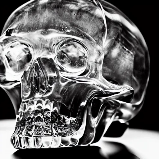 Image similar to A photograph of a crystal skull. Film Noir. High Contrast. Black and White.