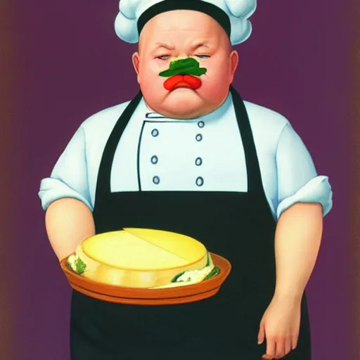 Image similar to a very fat chef offers you cheese by Raphael, Hopper, and Rene Magritte. detailed, romantic, enchanting, trending on artstation.