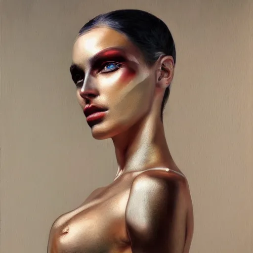 Image similar to cyborg fashion model, hyperrealism oil painting, artstation, soft colors