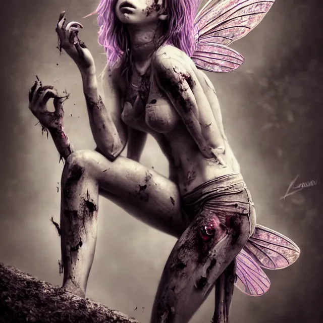 Image similar to full body pose, beautiful adult injured fairy, dirty, grungy, grunge, highly detailed, 4 k, hdr, smooth, sharp focus, high resolution, award - winning photo, artgerm, photorealistic