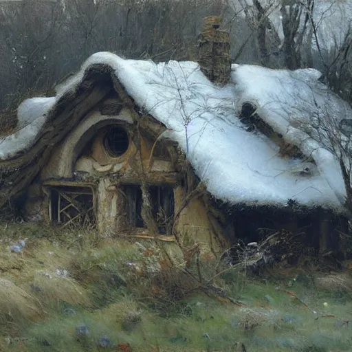 Image similar to Richard Schmid and Jeremy Lipking full length portrait painting of a cozy hobbit house in the shire