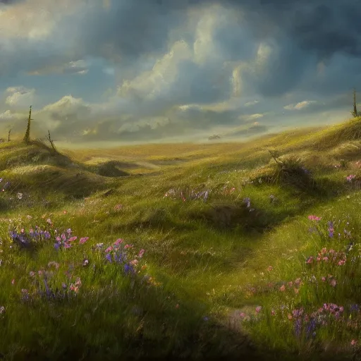 Image similar to a matte painting of a european prairie, patchy flowers and rocks, oil painting, pale colors, high detail, 8 k, wide angle, trending on artstation,