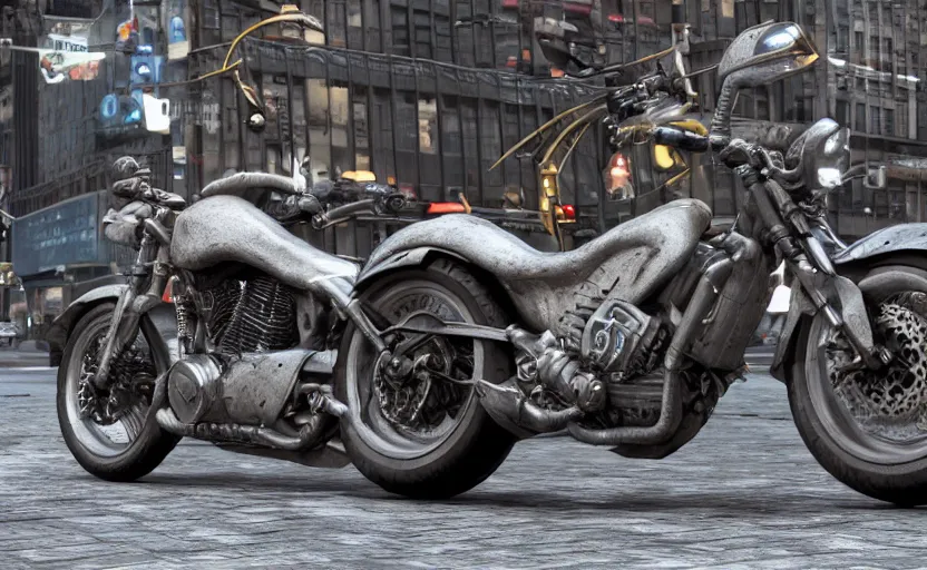 Prompt: a dragon motorcycle in ny, 3 d render, octane render, unreal engine 5, trending on artstation, high quality, highly detailed, concept art, product photo, hyperrealistic, 4 k, path traced, high coherence