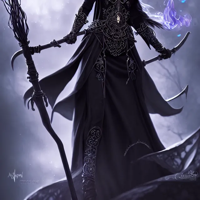Image similar to beautiful elemental darkness witch with ornate black robes and staff, highly detailed, 4 k, hdr, smooth, sharp focus, high resolution, award - winning photo, artgerm, photorealistic