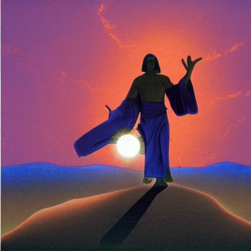 Prompt: sunset in a desert, shaman wearing a blue robe doing a ritual, energy streams, magic, drawing by moebius