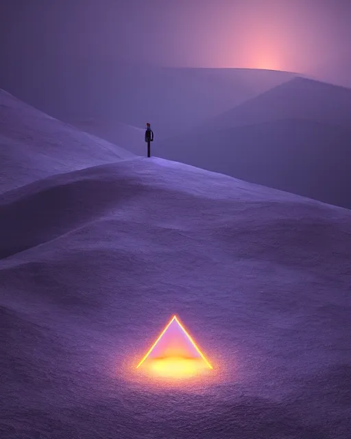 Image similar to a man standing in the middle of a mountain with a glowy triangle, a render by filip hodas, behance contest winner, environmental art, rendered in cinema 4 d, volumetric lighting