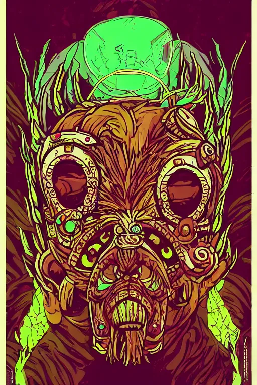 Image similar to animal mask totem roots flower tribal feather gemstone plant wood rock shaman vodoo video game vector cutout illustration vivid multicolor borderlands comics by josan gonzales and dan mumford radiating a glowing aura