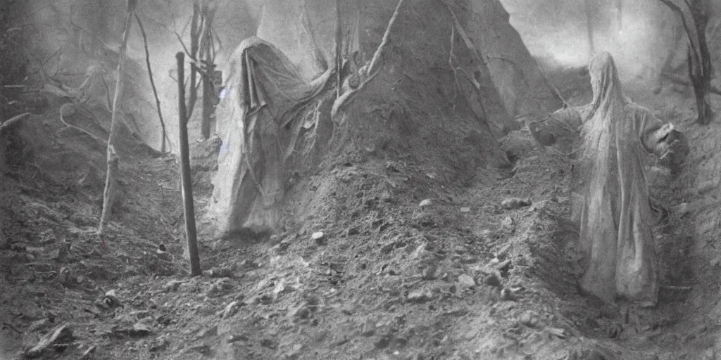 Prompt: scary unproportionable tall ghost creature in the middle of a trench, ghost, 1900s picture